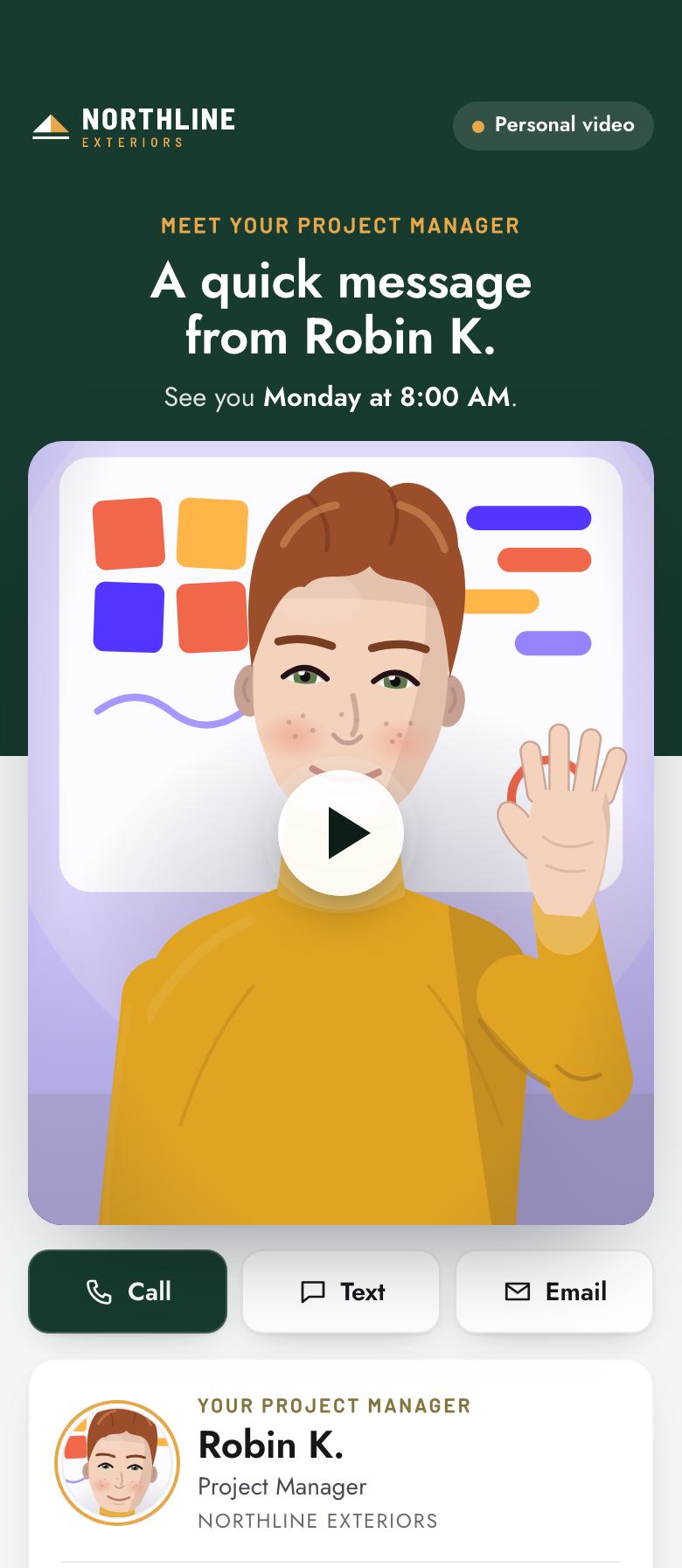 Northline Exteriors page for “Meet Your Project Manager”: a video from Robin K., Project Manager (illustration)