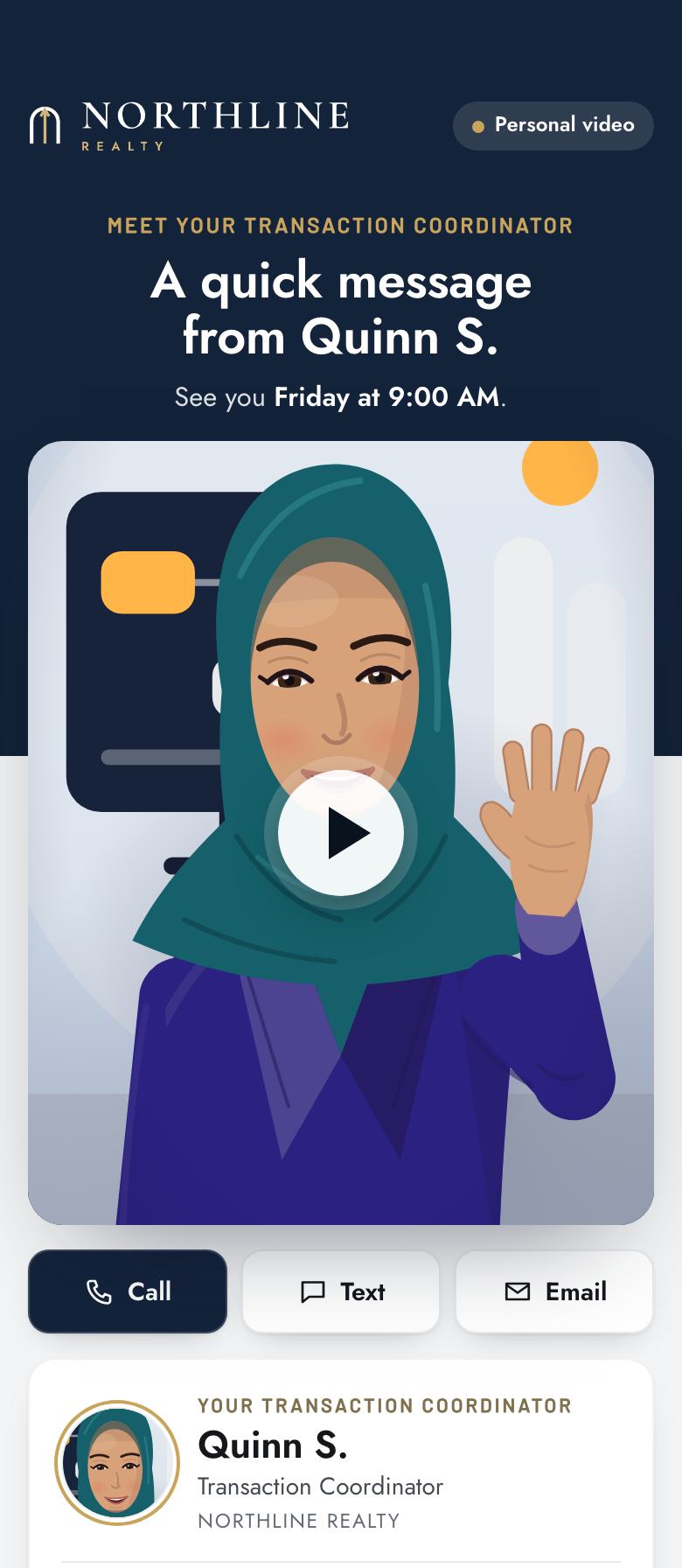 Northline Realty page for “Meet Your Transaction Coordinator”: a video from Quinn S., Transaction Coordinator (illustration)